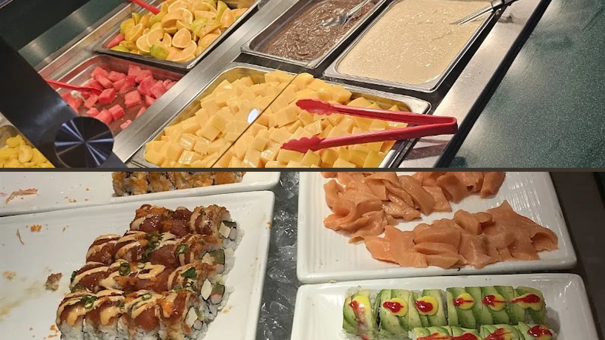 Sushi and hot dishes under warm lights